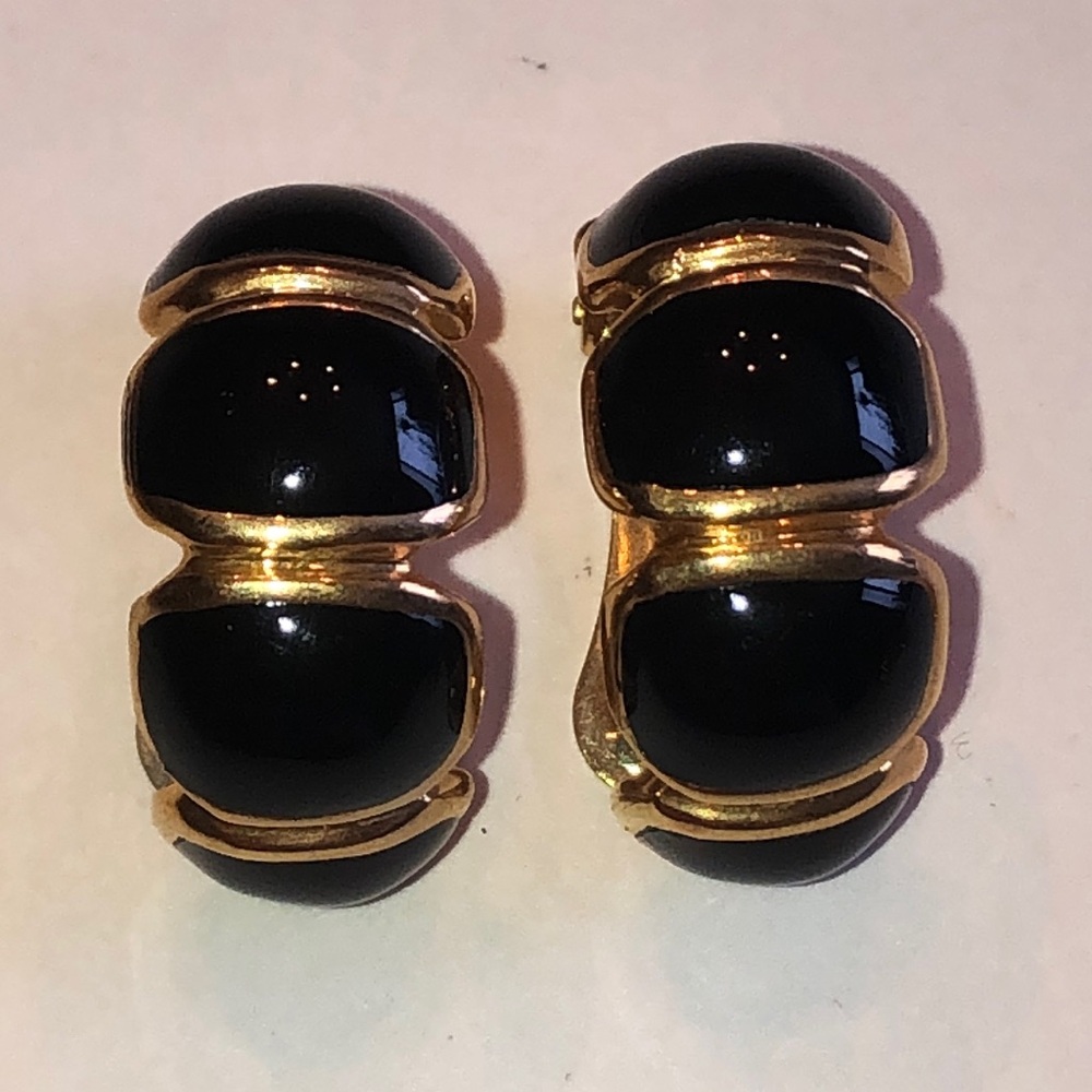 Angel Brand Signed Black Enamel Gold Tone Earrings